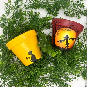 Jardinera interior/exterior pintada a mano - Flor o maceta suculenta con drenaje - Otoño - Espantapájaros - Decoración del hogar - Regalo de cumpleaños - Gato o calabaza