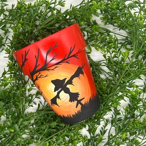 Hand painted indoor/outdoor planter - Flower or Succulent Pot with drainage - Home Fall Décor - Scarecrow - bats - Birthday gift