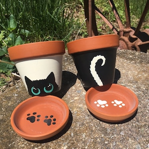 Hand painted set of 2 mini cat planters - Black Cat - White Cat - Paw Prints - Gift for Cat Lover