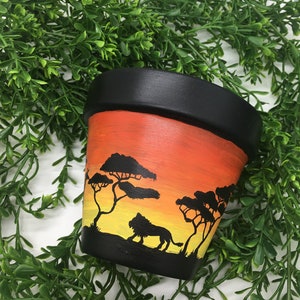 Hand painted Black Planter -Safari Lion, Giraffe, Elephants - Home and Office Décor - Birthday gift - flower or Succulent Pot with Drainage