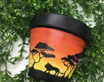 Hand painted Black Planter -Safari Lion, Giraffe, Elephants - Home and Office Décor - Birthday gift - flower or Succulent Pot with Drainage