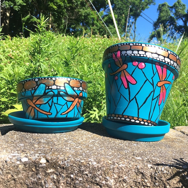 Hand painted Indoor/Outdoor Planter - Dragonfly Mosaic - Home Decor - Birthday/Housewarming Gift - Flower or Succulent pot with drainage