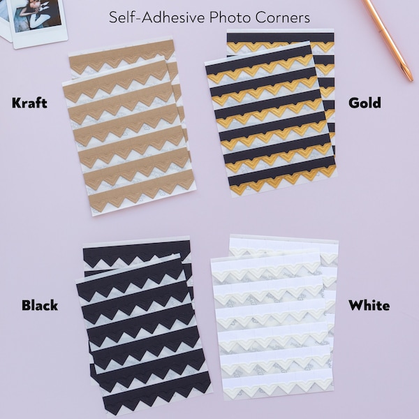 Photo Corner Stickers - Set of 108 pcs. Self-Adhesive Vintage Photo Corners for Scrapbooking or Instax photos.  Black / White / Kraft.