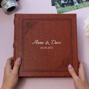 Personalized Leather Photo Album 4x6 for 100 or 200 Photos. Wedding album with Pockets. Custom Gift for Him and Her