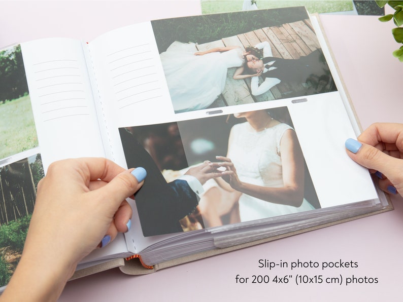Personalisiertes Fotoalbum 10x15 cm für 200 Fotos. Leinen Fotoalbum mit Taschen für 10x15 cm Fotos. Hochzeitsalbum. Bild 3