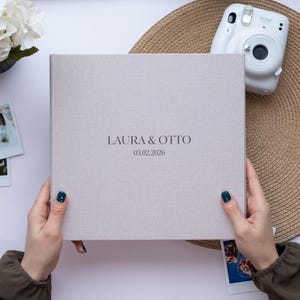 Personalized Linen Wedding Guest Book. Custom Engraved Polaroid Photo Guestbook for Wedding, 40 Pages, Size 10.2x9.8" - 26x25 cm