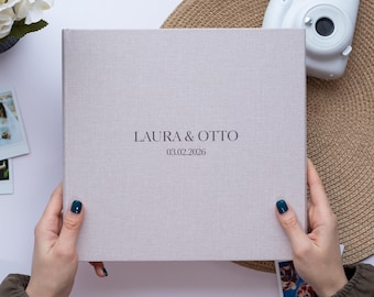 Personalized Linen Wedding Guest Book. Custom Engraved Polaroid Photo Guestbook for Wedding, 40 Pages, Size 10.2x9.8" - 26x25 cm