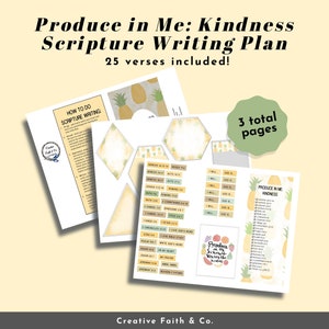 May include: A printable scripture writing plan with a yellow, green, and white pineapple theme. The title is "Produce in Me: Kindness Scripture Writing Plan" with the text "25 verses included!" below. The plan includes a "How to Do Scripture Writing" page, a page with 25 verses listed, and a page with a checklist for "Produce in Me: Kindness".
