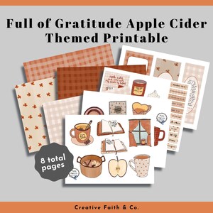 May include: Printable set of eight pages with a fall theme. The pages feature illustrations of apple cider, a pot of simmering cider, an apple, a book, a window, and a cup of cider. The pages also include a gingham pattern, a floral pattern, and a scripture verse.