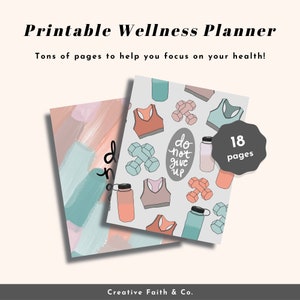 May include: Printable wellness planner with 18 pages. The cover features a light blue background with a pattern of pink and blue sports bras, dumbbells, and water bottles. The text "do not give up" is written in black on a white circle.