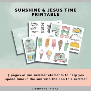 K&ouml;nnte beinhalten: Druckbare digitale Sticker mit einem Sommerthema. Die Sticker zeigen Eiswaffeln, Eis am Stiel, einen Foodtruck, Sonnenbrillen und ein Buch mit dem Text "Sunshine Jesus Time".