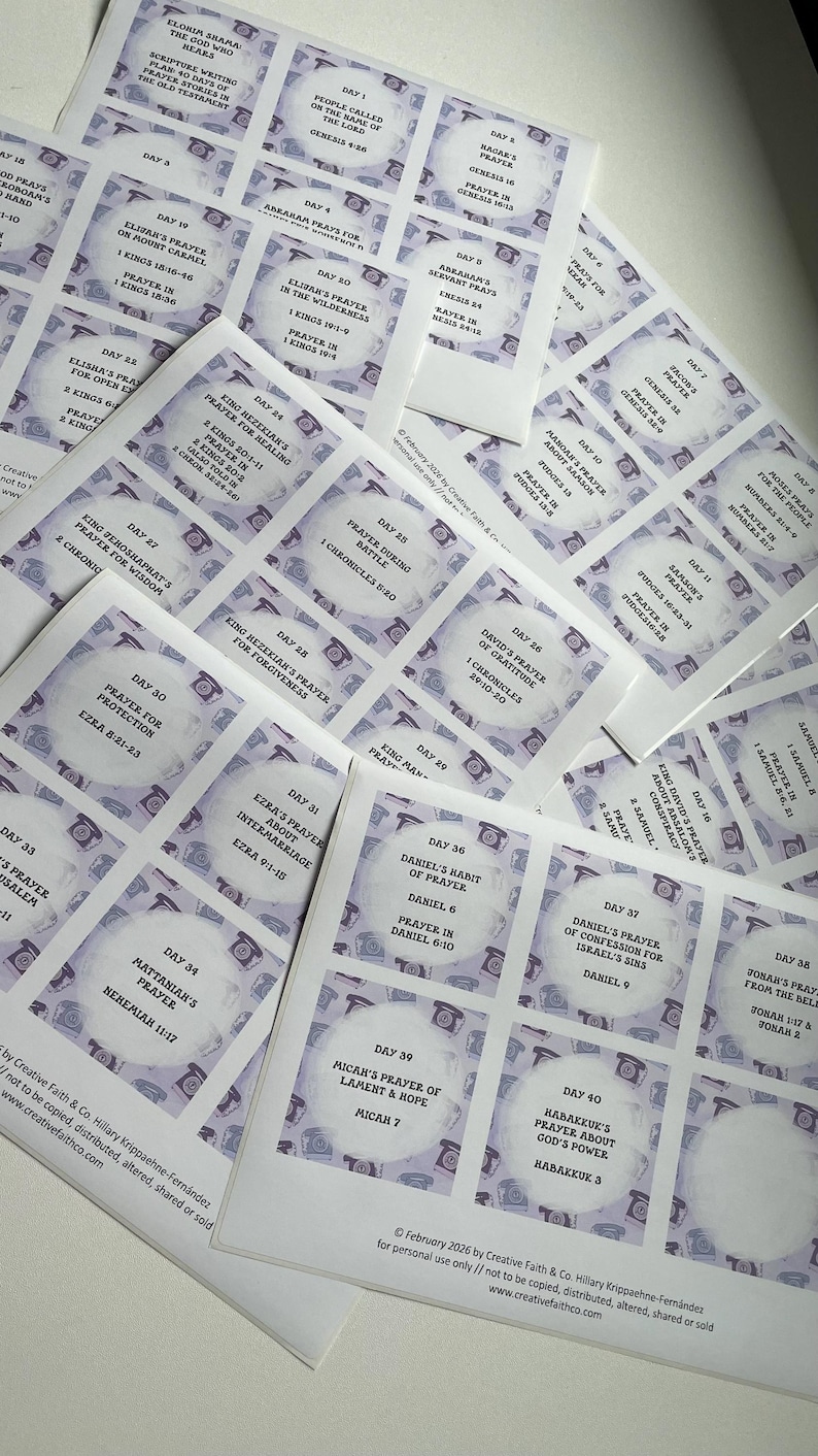 May include: A collection of printed cards with various Bible verses and prayers, featuring a telephone graphic. Each card is labeled with a day number and a specific prayer topic, such as "Prayer for Protection" or "Daniel's Habit of Prayer."