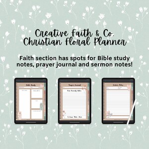 May include: A digital planner with a floral design. The planner has sections for Bible study, prayer journal, and sermon notes. The text on the screen reads "Creative Faith & Co. Christian Floral Planner".