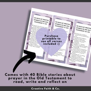 May include: Printable study guide with 40 Bible stories about prayer in the Old Testament. The guide includes verses from Genesis, Kings, and Chronicles. The text is on a purple and white background with a heart-shaped overlay.