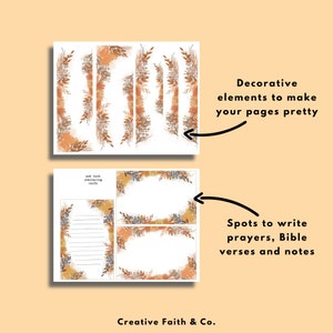 May include: Printable journaling cards with floral borders in shades of brown, orange, and white. The cards have space for writing prayers, Bible verses, and notes. The text on the cards reads "4x6 inch journaling cards".
