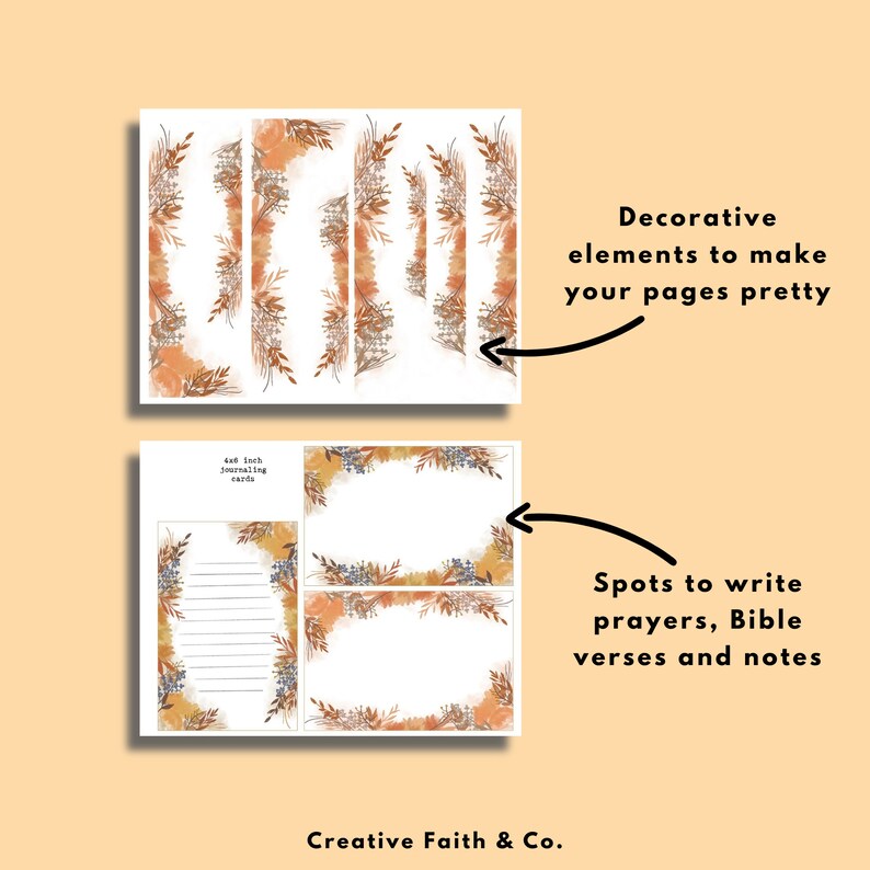 May include: Printable journaling cards with floral borders in shades of brown, orange, and white. The cards have space for writing prayers, Bible verses, and notes. The text on the cards reads "4x6 inch journaling cards".