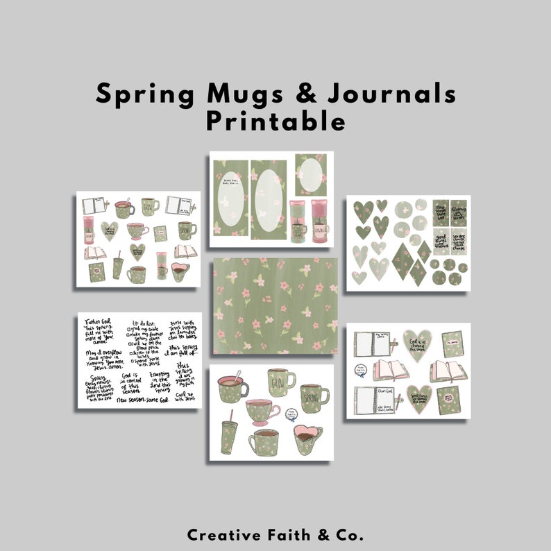 May include: Printable set of digital stickers featuring mugs, journals, and floral patterns in green and pink. The stickers include quotes like "God is always working" and "This spring I am full of", and floral patterns.