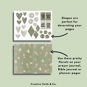May include: A digital download of printable floral patterns and shapes in green and pink. The shapes include hearts, circles, and diamonds. The text on the shapes includes "New Season Same God", "Blooming with the Season", "Good Things are Blooming", and "Seasons Change, Flowers Change".
