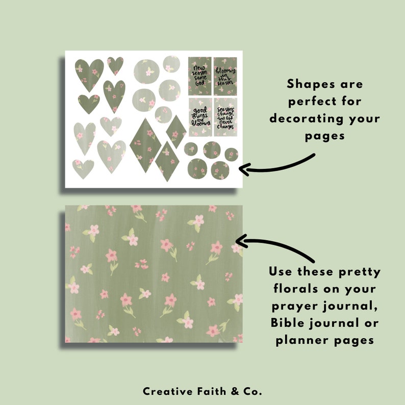 May include: A digital download of printable floral patterns and shapes in green and pink. The shapes include hearts, circles, and diamonds. The text on the shapes includes "New Season Same God", "Blooming with the Season", "Good Things are Blooming", and "Seasons Change, Flowers Change".