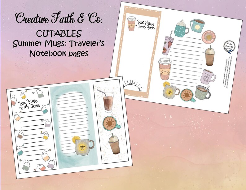 May include: Printable notebook pages featuring illustrations of summer mugs with inspirational quotes like "Sunshine Jesus Time" and "Tea Time with Jesus".