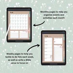 May include: A digital planner app with a monthly calendar view and a weekly view. The monthly view has a brown background with a grid of squares for each day of the month. The weekly view has a brown background with a list of days of the week and space for notes and tasks. The app is designed to help users organize their time and schedule events.