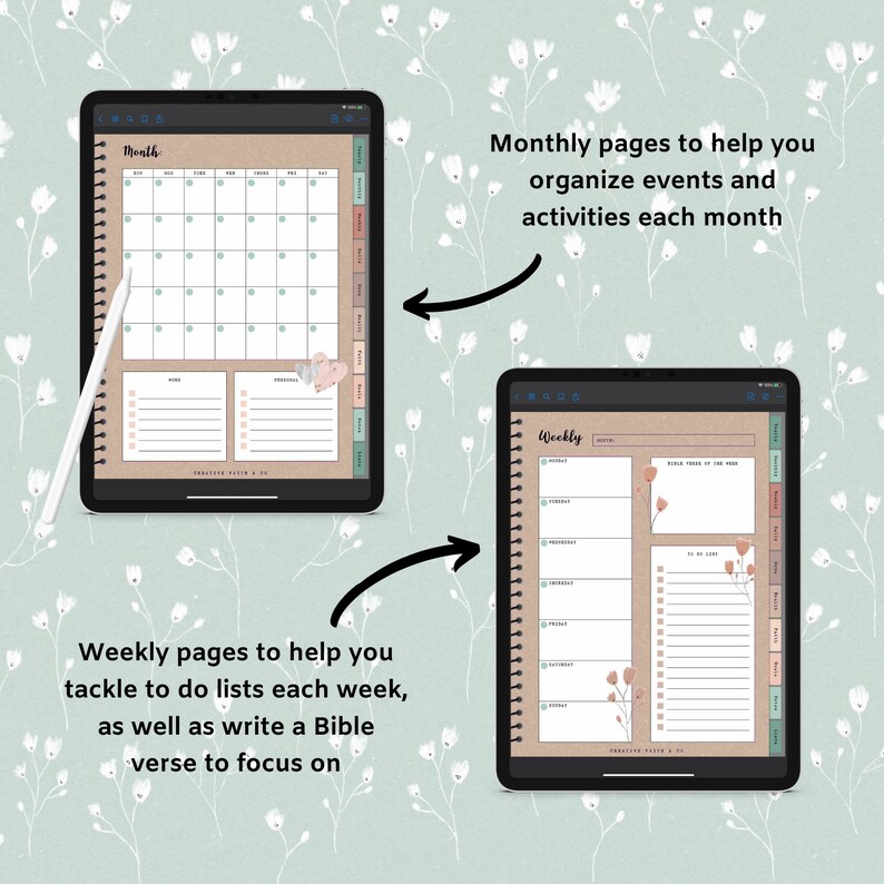 May include: A digital planner app with a monthly calendar view and a weekly view. The monthly view has a brown background with a grid of squares for each day of the month. The weekly view has a brown background with a list of days of the week and space for notes and tasks. The app is designed to help users organize their time and schedule events.
