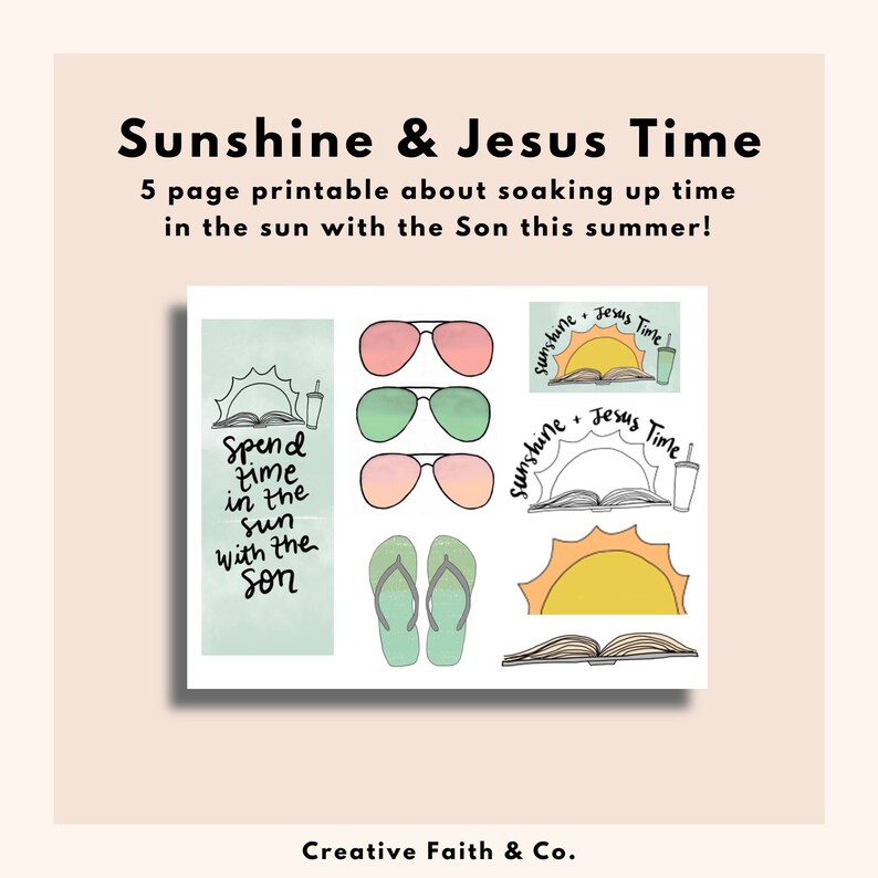K&ouml;nnte beinhalten: Ein Set bedruckbarer Aufkleber mit einem Sommerthema. Die Aufkleber zeigen ein Buch, Sonnenbrillen, Flip-Flops und eine Sonne mit dem Text "Sunshine + Jesus Time".
