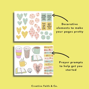 May include: Printable digital stickers for journaling. The stickers feature a variety of designs, including hearts, flowers, and coffee cups. The stickers also include inspirational quotes and phrases, such as "Player journaling with Jesus" and "Give thanks for everything at all times".
