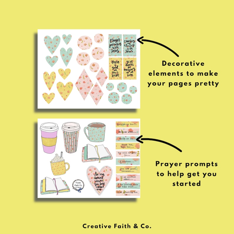 May include: Printable digital stickers for journaling. The stickers feature a variety of designs, including hearts, flowers, and coffee cups. The stickers also include inspirational quotes and phrases, such as "Player journaling with Jesus" and "Give thanks for everything at all times".