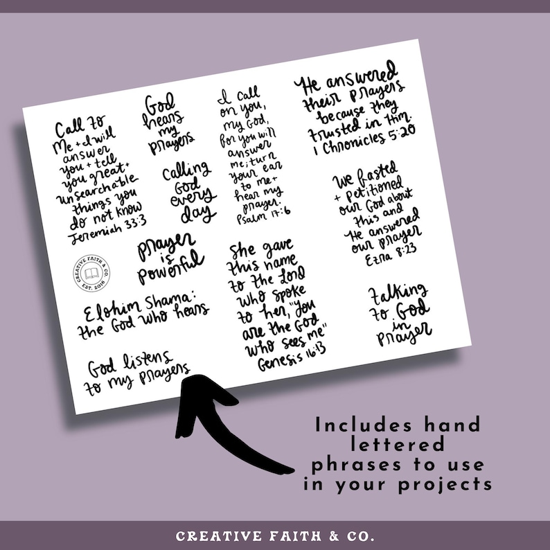 May include: A white sheet featuring hand-lettered phrases about prayer, such as "God hears my prayers" and "Prayer is powerful." The sheet also includes the text "Includes hand lettered phrases to use in your projects."