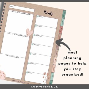 May include: A weekly meal planner with sections for "What's in my fridge/freezer", "What's in my cupboard/pantry", and "Things to purchase". The planner also includes a daily meal planner with sections for Monday through Sunday.