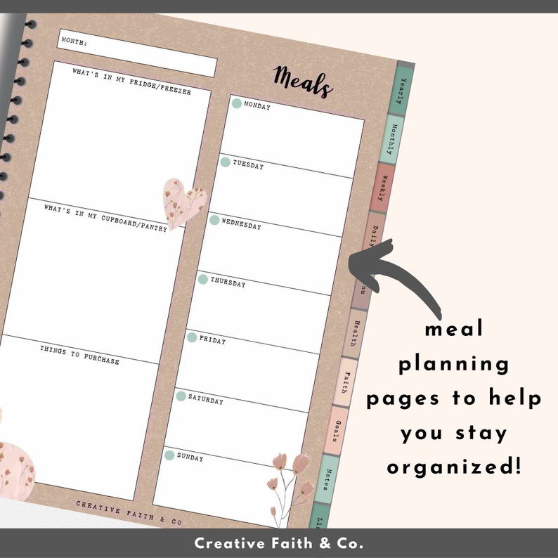 May include: A weekly meal planner with sections for "What's in my fridge/freezer", "What's in my cupboard/pantry", and "Things to purchase". The planner also includes a daily meal planner with sections for Monday through Sunday.