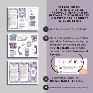 May include: Image of a digital product featuring three bookmarks with telephone and mug illustrations. The image includes instructions on how to download the digital product and a note stating it is instantly downloadable, with no physical product sent.