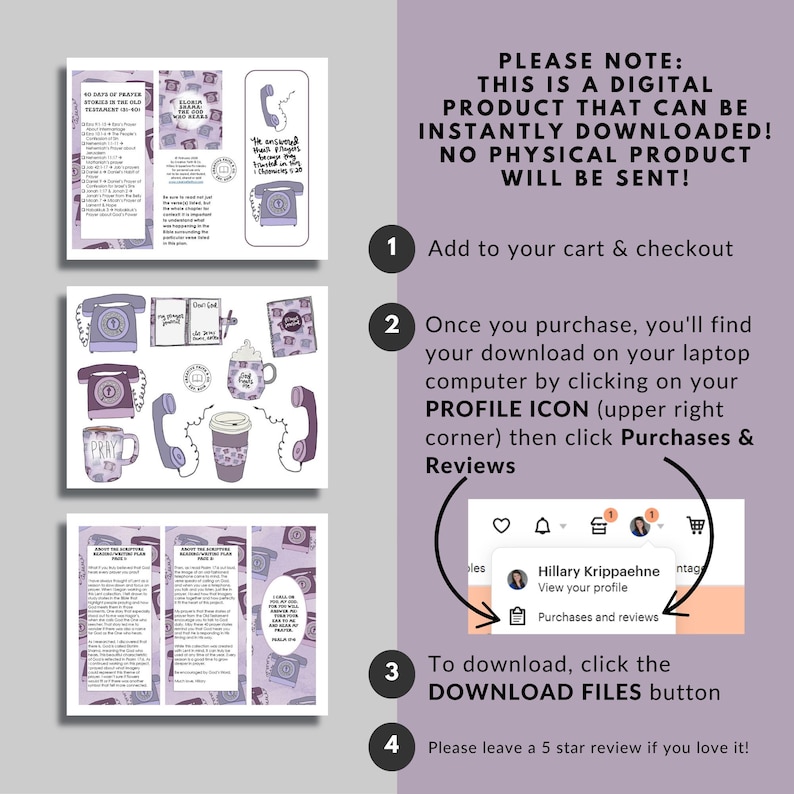 May include: Image of a digital product featuring three bookmarks with telephone and mug illustrations. The image includes instructions on how to download the digital product and a note stating it is instantly downloadable, with no physical product sent.