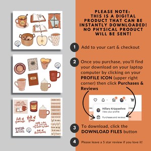 May include: Digital download of a set of fall-themed illustrations featuring mugs, apples, books, and a pot of cider. The illustrations are in a warm color palette of brown, orange, and red. The text "full of gratitude" and "full of praise" is included in the image.