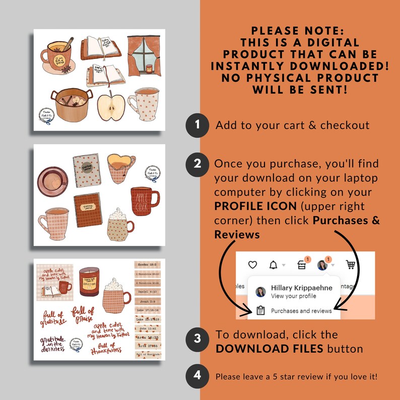 May include: Digital download of a set of fall-themed illustrations featuring mugs, apples, books, and a pot of cider. The illustrations are in a warm color palette of brown, orange, and red. The text "full of gratitude" and "full of praise" is included in the image.