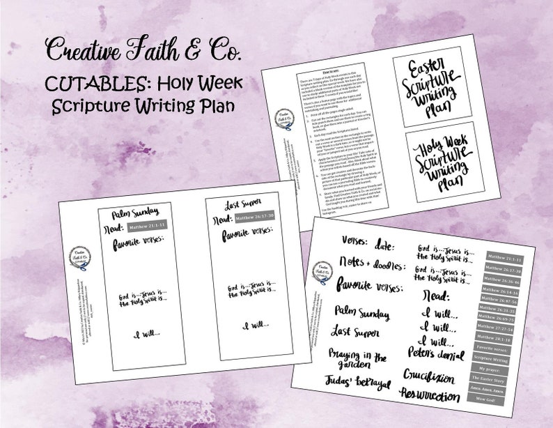 May include: Printable Holy Week Scripture Writing Plan cut-out cards. The cards are white with black text and include verses, dates, notes, doodles, and favorite verses. The cards are designed for journaling and reflection during Holy Week.