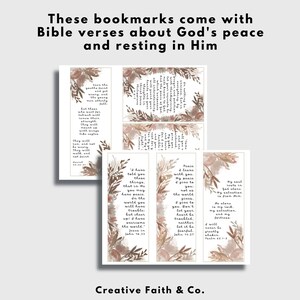May include: Three printable bookmarks with a watercolor background featuring floral designs and Bible verses about peace and resting in God. The verses are: "Even the youths faint and yet weary, and the young men utterly fall...", "I've told you these things, that in Me you may have peace. In the world you will have trouble: but cheer up! I have overcome the world."