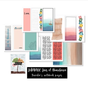 May include: A set of printable digital planner pages with a summer theme. The pages feature watercolour backgrounds with seashells, a sailboat, and the text "See His Abundance" and "I am..." The pages are designed for use in a traveller's notebook.