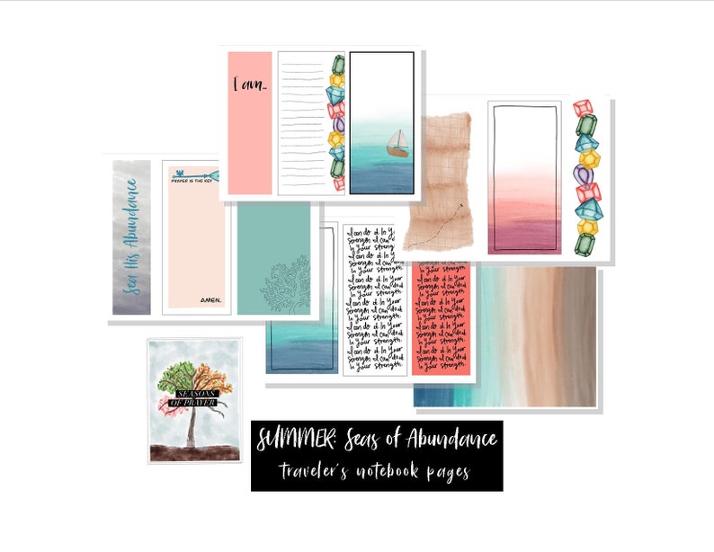 May include: A set of printable digital planner pages with a summer theme. The pages feature watercolour backgrounds with seashells, a sailboat, and the text "See His Abundance" and "I am..." The pages are designed for use in a traveller's notebook.
