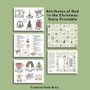 May include: A printable Christmas story activity for kids. The printable features a green and white checkered board with images of a star, a crown, a peace sign, a candy cane, a cup of tea, and a manger. The printable also includes a list of attributes of God, such as "God is the light of the world" and "God is humble".