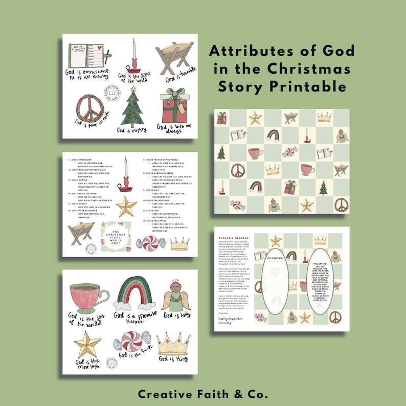 May include: A printable Christmas story activity for kids. The printable features a green and white checkered board with images of a star, a crown, a peace sign, a candy cane, a cup of tea, and a manger. The printable also includes a list of attributes of God, such as "God is the light of the world" and "God is humble".