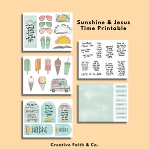 K&ouml;nnte beinhalten: Druckbare digitale Sticker mit einem Sommerthema. Die Sticker zeigen Illustrationen von Eiscreme, Eis am Stiel, Sonnenbrillen, einem Buch, einer Sonne, einem LKW und dem Text "Sunshine & Jesus Time".