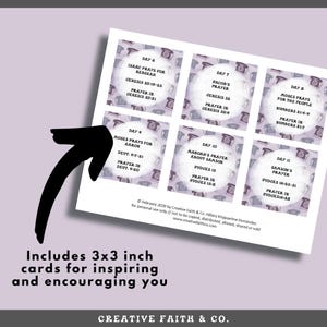 May include: A set of 3x3 inch cards with inspirational text. Each card features a different Bible verse and reference. The cards are arranged on a white background with a purple telephone pattern. The text includes "Includes 3x3 inch cards for inspiring and encouraging you."