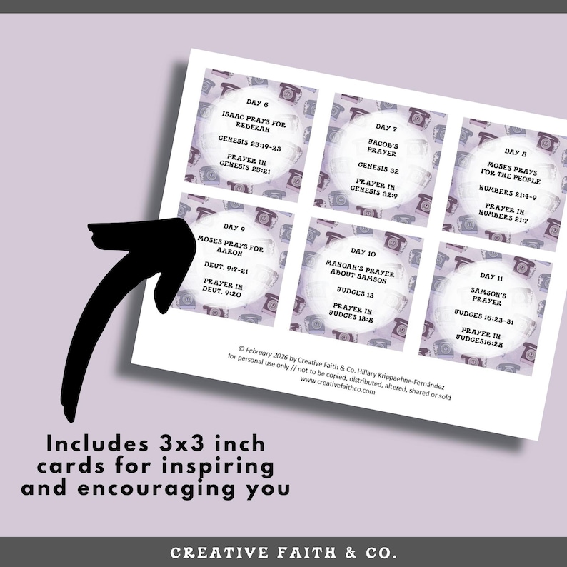 May include: A set of 3x3 inch cards with inspirational text. Each card features a different Bible verse and reference. The cards are arranged on a white background with a purple telephone pattern. The text includes "Includes 3x3 inch cards for inspiring and encouraging you."