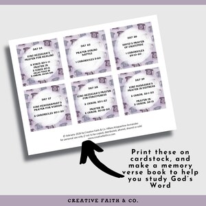 May include: A printed sheet with six square cards, each featuring text about prayers from the Bible. The cards have a telephone pattern background. The text includes scripture references and titles like "Prayer During Battle" and "King Hezekiah's Prayer for Healing."