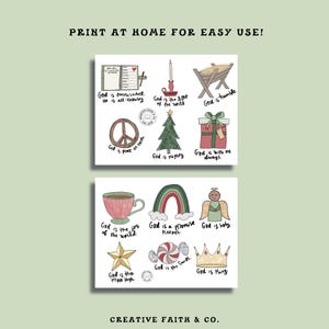 May include: Printable Christmas-themed stickers with illustrations and text. The stickers feature phrases like "God is peace on earth", "God is the light of the world", and "God is with me always".