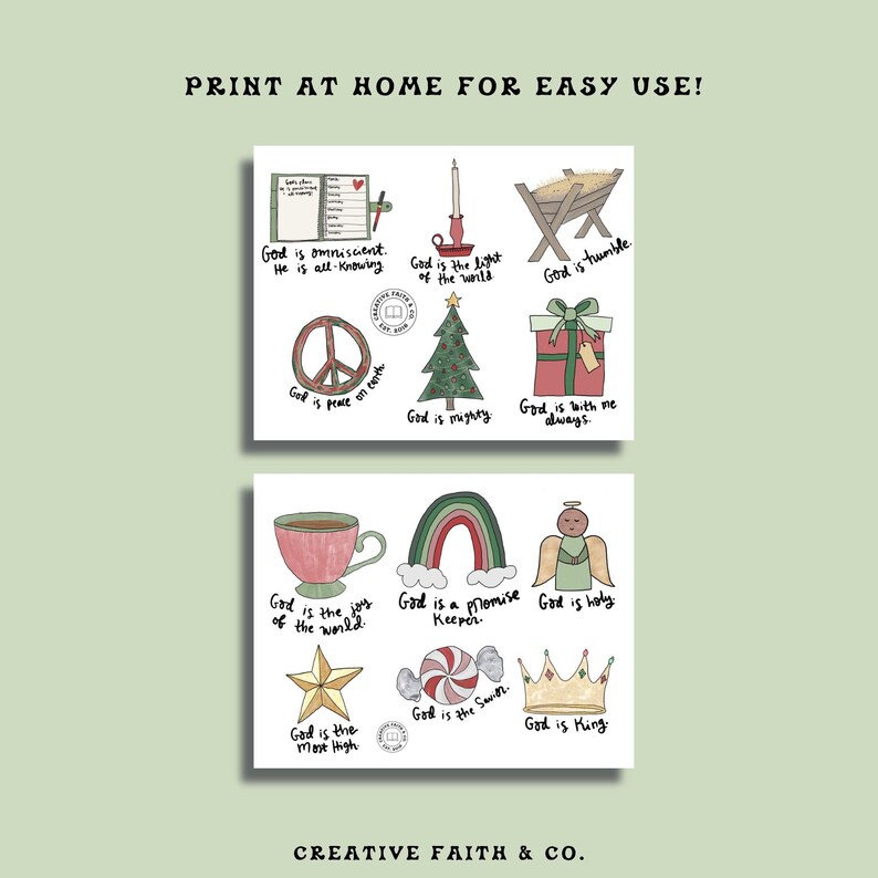 May include: Printable Christmas-themed stickers with illustrations and text. The stickers feature phrases like "God is peace on earth", "God is the light of the world", and "God is with me always".