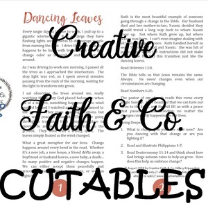 Puede incluir: Una hoja de dise&ntilde;o imprimible para crear recortes. La hoja presenta una ilustraci&oacute;n en blanco y negro de un &aacute;rbol con hojas, y las palabras "Dancing Leaves" y "Faith & Co." en una fuente cursiva en negrita. La hoja tambi&eacute;n incluye el texto "Creative Cuttables" en una fuente grande y en negrita.