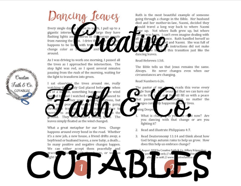 Puede incluir: Una hoja de dise&ntilde;o imprimible para crear recortes. La hoja presenta una ilustraci&oacute;n en blanco y negro de un &aacute;rbol con hojas, y las palabras "Dancing Leaves" y "Faith & Co." en una fuente cursiva en negrita. La hoja tambi&eacute;n incluye el texto "Creative Cuttables" en una fuente grande y en negrita.